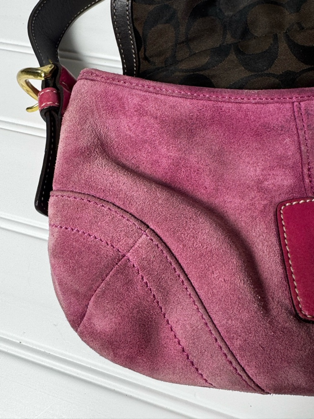 Coach Pink Suede Saddle Shoulder Bag with Gold Buckle and Pink Leather Strap - Picture 9 of 11
